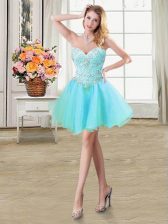  Sleeveless Organza Mini Length Lace Up Evening Dress in Aqua Blue with Beading