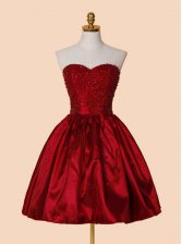 Romantic Red A-line Beading Dress for Prom Lace Up Satin Sleeveless Knee Length