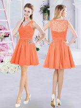  Orange A-line Chiffon V-neck Sleeveless Lace and Ruching Mini Length Side Zipper Vestidos de Damas
