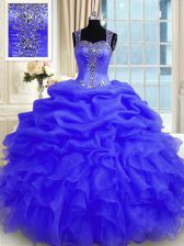  Straps Sleeveless Quinceanera Gowns Floor Length Beading and Ruffles Purple Organza