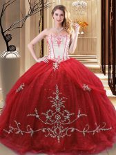  Red Ball Gowns Strapless Sleeveless Tulle Floor Length Lace Up Embroidery Sweet 16 Dresses