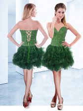 Spectacular Dark Green A-line Ruffles Prom Gown Lace Up Organza Sleeveless Knee Length