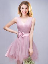 Great Mini Length Pink Dama Dress Tulle Sleeveless Ruffles and Ruching and Bowknot