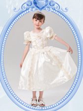 Hot Selling White Scoop Neckline Beading Toddler Flower Girl Dress Short Sleeves Zipper