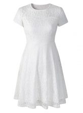 Lovely White Scoop Neckline Lace Dress for Prom Short Sleeves Side Zipper