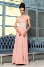 Nice Pink Empire Bateau Cap Sleeves Chiffon Floor Length Side Zipper Lace and Hand Made Flower Prom Dresses