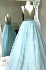 Excellent Light Blue V-neck Backless Beading Dress for Prom Sleeveless