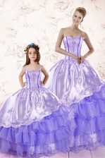Flare Floor Length Lavender Quinceanera Dress Organza Sleeveless Embroidery and Ruffled Layers