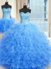  Three Piece Ball Gowns Quinceanera Gowns Baby Blue Strapless Tulle Sleeveless Floor Length Lace Up