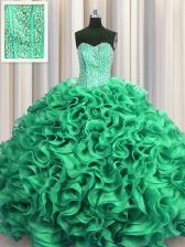 Discount Visible Boning Organza Sweetheart Sleeveless Lace Up Beading and Ruffles Quinceanera Gowns in Turquoise