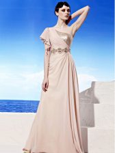 Exceptional Peach One Shoulder Neckline Sequins and Ruching Evening Dress Sleeveless Side Zipper