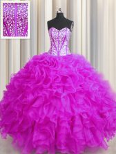 Stunning Visible Boning Beaded Bodice Fuchsia Sleeveless Floor Length Beading and Ruffles Lace Up Quinceanera Gowns