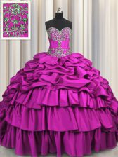  Brush Train Sleeveless Floor Length Beading and Embroidery and Ruffled Layers and Pick Ups Lace Up Quinceanera Dresses with Fuchsia