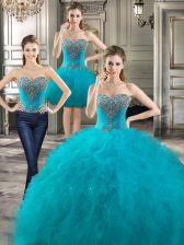  Three Piece Ball Gowns Quinceanera Dresses Teal Sweetheart Tulle Sleeveless Floor Length Lace Up