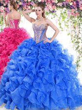 Sweet Sweetheart Sleeveless Ball Gown Prom Dress Sweep Train Beading and Ruffles Blue Organza