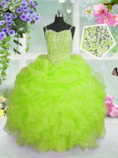  Floor Length Yellow Green Pageant Gowns For Girls Organza Sleeveless Beading and Ruffles and Pick Ups