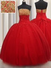  Floor Length Lace Up Sweet 16 Dresses Red for Military Ball and Sweet 16 and Quinceanera with Beading