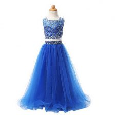 Glorious Blue Organza Zipper Scoop Sleeveless Floor Length Flower Girl Dress Beading