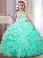  Straps Sleeveless Organza Floor Length Lace Up Little Girl Pageant Dress in Apple Green with Beading and Ruffles and Pick Ups