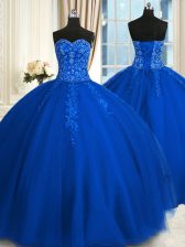  Blue Sleeveless Floor Length Appliques and Embroidery Lace Up Quinceanera Dresses