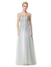 Superior Scoop Sleeveless Prom Dresses Floor Length Appliques Silver Tulle