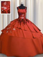 Adorable Rust Red Ball Gowns Spaghetti Straps Sleeveless Satin Floor Length Lace Up Beading and Embroidery Ball Gown Prom Dress