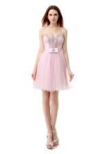  A-line Homecoming Dress Baby Pink V-neck Tulle Sleeveless Knee Length Zipper