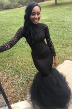 Customized Mermaid Black Prom Party Dress Prom with Lace High-neck Long Sleeves Zipper