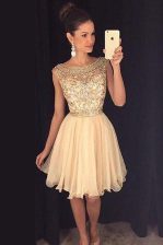 Clearance Champagne Evening Dress Party with Beading Bateau Cap Sleeves Zipper