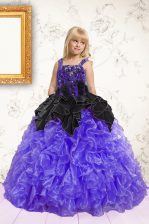 New Arrival Straps Sleeveless Little Girls Pageant Gowns Floor Length Beading and Ruffles Black and Purple Organza
