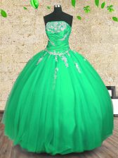 Hot Selling Green Sleeveless Floor Length Embroidery and Ruching Lace Up Quinceanera Dress