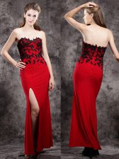 Dramatic Sleeveless Elastic Woven Satin Ankle Length Zipper in Red with Beading and Appliques