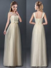  Empire Damas Dress Champagne Scoop Tulle Sleeveless Floor Length Lace Up