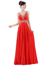 Red Column/Sheath Chiffon V-neck Sleeveless Beading Floor Length Zipper Prom Dress