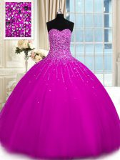 Fancy Fuchsia Vestidos de Quinceanera Military Ball and Sweet 16 and Quinceanera with Beading Sweetheart Sleeveless Lace Up