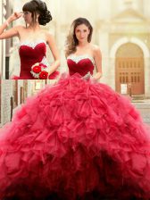  Sleeveless Tulle Floor Length Lace Up Quince Ball Gowns in Red with Beading and Ruffles