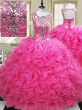 Sweet Scoop Hot Pink Lace Up Quinceanera Dress Beading and Ruffles Sleeveless Floor Length