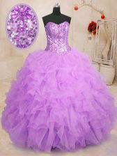  Lilac Organza Lace Up Ball Gown Prom Dress Sleeveless Floor Length Beading and Ruffles
