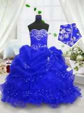  Sleeveless Floor Length Beading and Ruffled Layers and Pick Ups Lace Up Party Dress Wholesale with Royal Blue