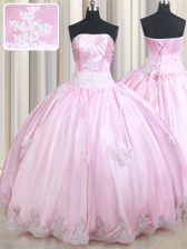  Floor Length Baby Pink Quince Ball Gowns Strapless Sleeveless Lace Up