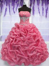 Flirting Rose Pink Ball Gowns Organza Strapless Sleeveless Beading Floor Length Lace Up Quince Ball Gowns