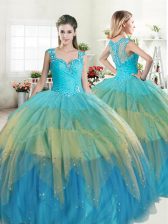 Cheap Multi-color Tulle Zipper Straps Sleeveless Floor Length Quinceanera Gown Beading and Ruffled Layers