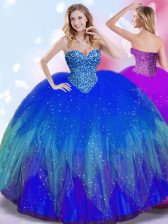 Fitting Ball Gowns Quinceanera Gowns Royal Blue Sweetheart Tulle Sleeveless Floor Length Lace Up
