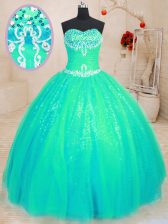 High Quality Turquoise Ball Gowns Sweetheart Sleeveless Tulle and Sequined Floor Length Lace Up Beading and Appliques 15th Birthday Dress