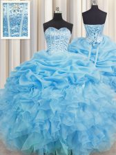 Customized Pick Ups Visible Boning Sweetheart Sleeveless Lace Up Quinceanera Gown Baby Blue Organza
