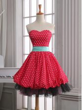 Superior Mini Length Red Dress for Prom Chiffon Sleeveless Lace and Pleated