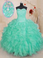  Sleeveless Floor Length Beading and Ruffles Lace Up Sweet 16 Quinceanera Dress with Apple Green