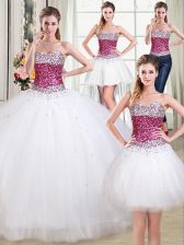 Discount Four Piece Tulle Sweetheart Sleeveless Lace Up Beading Quinceanera Gowns in White