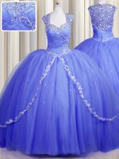 Flare Zipper Up Blue Sweetheart Zipper Beading and Appliques Quinceanera Gowns Brush Train Cap Sleeves