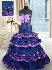 Elegant Navy Blue Lace Up Sweetheart Appliques and Ruffled Layers and Bowknot Sweet 16 Dresses Taffeta Sleeveless Brush Train